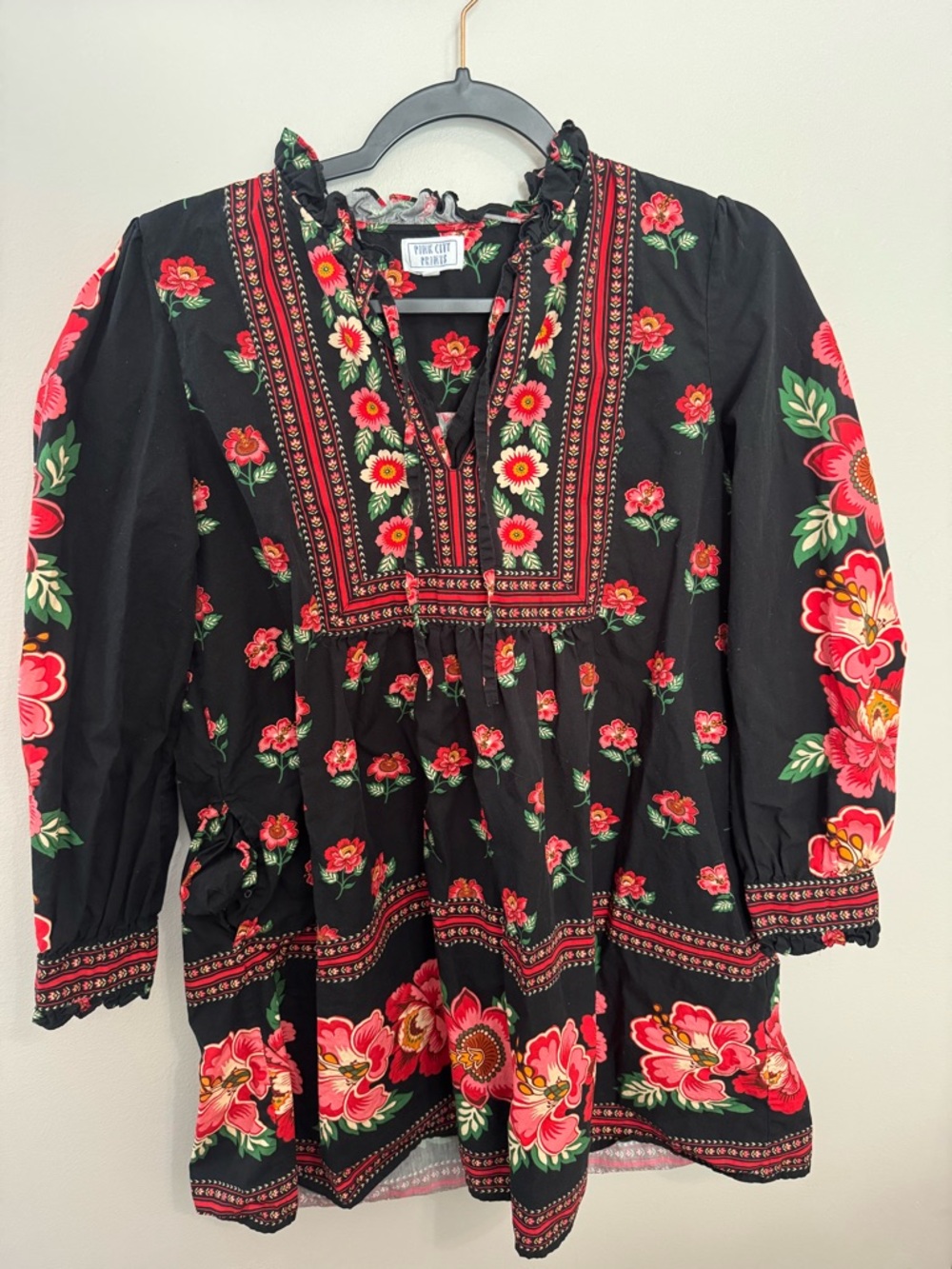 Pink City Prints size L Black Floral Tunic Dress with Red Rose Print